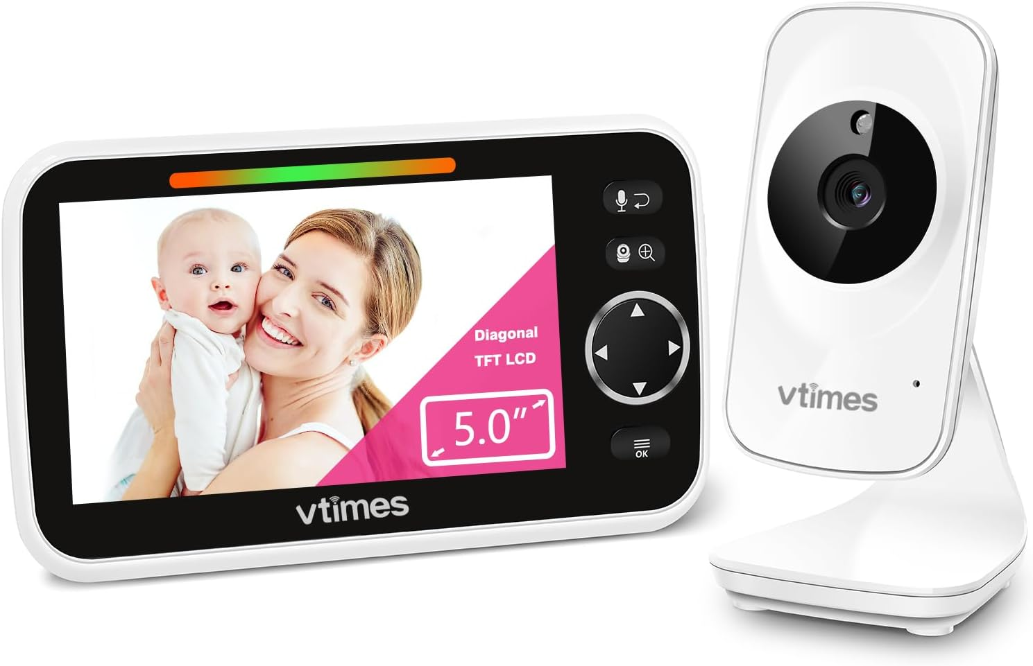 VTimes VT50T Baby Monitor Video Baby Monitor with Camera and Audio No WiFi  5 LCD Screen, Two-Way Audio, Night Vision,1000ft Range, 2X Zoom  Temperature Display, Lullaby Elderly Pet