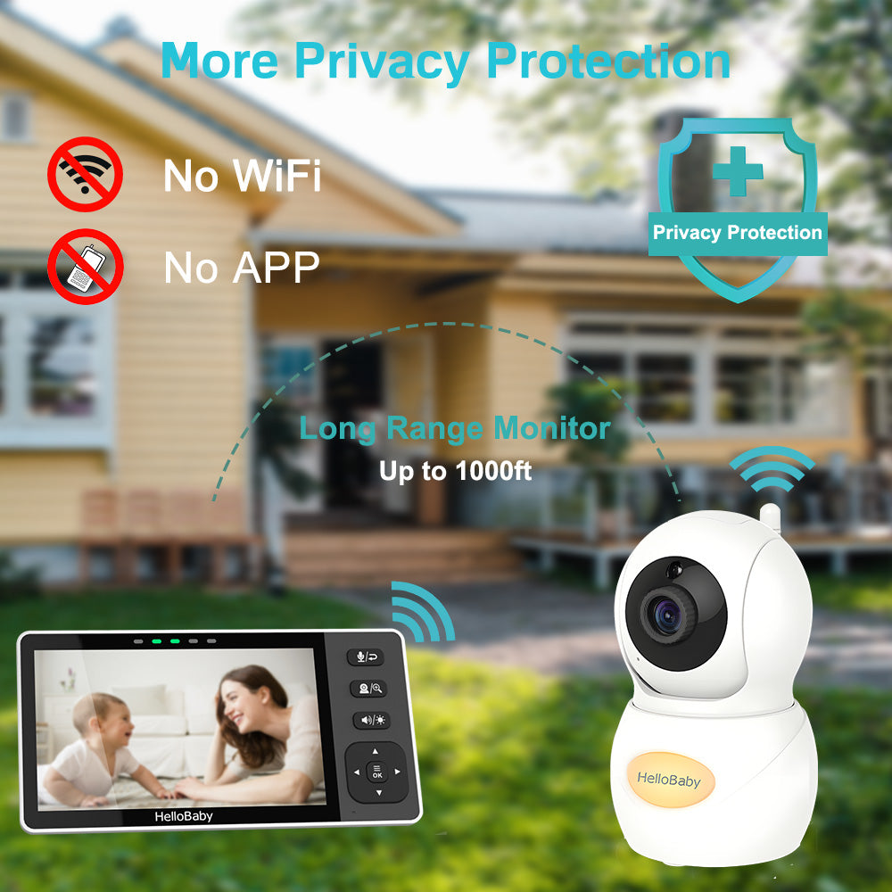 hellobaby best baby monitor - (Newest Model) HelloBaby 720P 5.5'' HD Video Baby Monitor No WiFi, Remote Pan Tilt Zoom Baby Monitor with Camera and Audio Wide View Range, 1080P Camera, Night Light, Hack Proof, 4000mAh Battery, Time&Clock