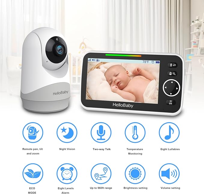 hellobaby best baby monitor - HelloBaby HB6250 Baby Monitor, 5" Screen, VOX, PTZ, Night Vision, No WiFi