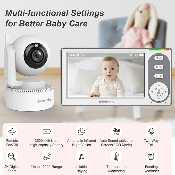 hellobaby best baby monitor - HelloBaby HB6148 Baby Monitor, 4.3" Screen, 30H Battery, PTZ, No WiFi