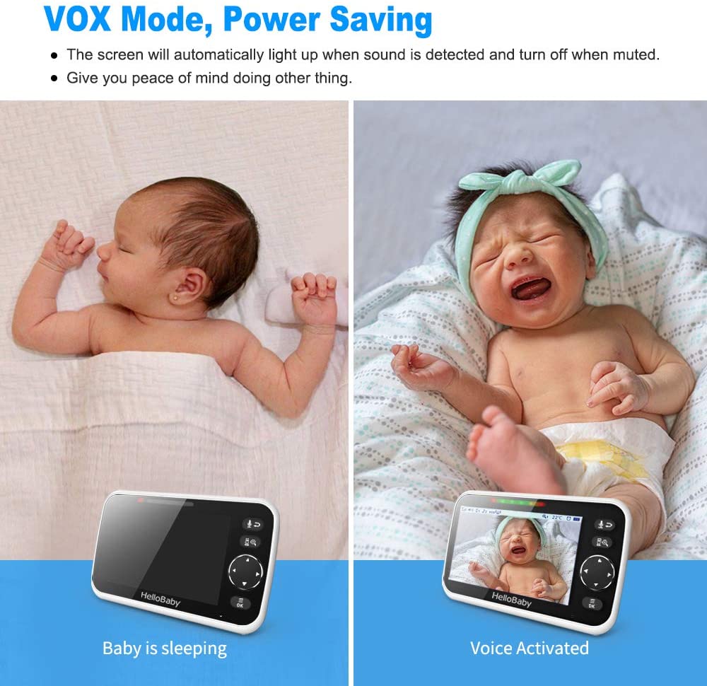 hellobaby best baby monitor - 5" Baby Camera Monitor, Hello Baby Monitor with Cameras and Audio, 2 Cameras Remote Pan/Tilt/Zoom, VOX Mode, Night Vision, 2-Way Talk, 8 Lullabies, Temperature and 1000ft Range