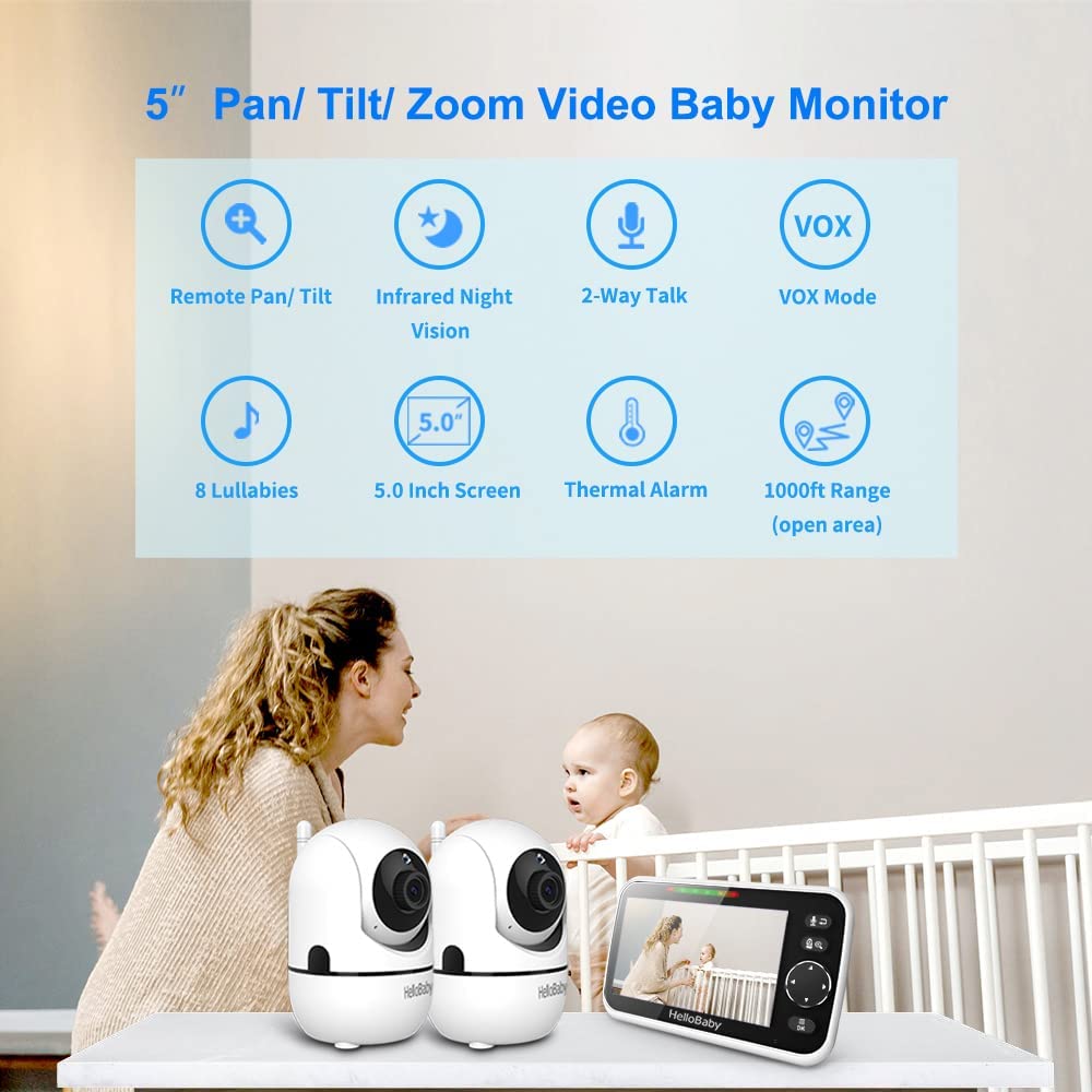 hellobaby best baby monitor - 5" Baby Camera Monitor, Hello Baby Monitor with Cameras and Audio, 2 Cameras Remote Pan/Tilt/Zoom, VOX Mode, Night Vision, 2-Way Talk, 8 Lullabies, Temperature and 1000ft Range