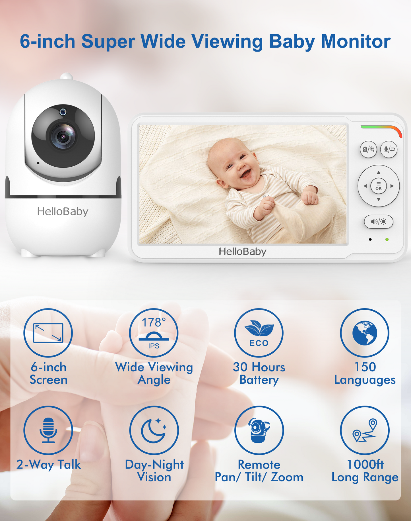 hellobaby best baby monitor - VTimes VT50T  Baby Monitor Video Baby Monitor with Camera and Audio No WiFi 5" LCD Screen, Two-Way Audio, Night Vision,1000ft Range, 2X Zoom Temperature Display, Lullaby Elderly Pet  