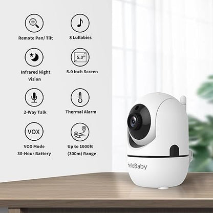 hellobaby best baby monitor - HelloBaby 5" Baby Monitor with 3 Cameras+ camera stands – No WiFi, 1000ft Range, Pan-Tilt-Zoom, 26-Hour Battery, Night Vision & 2-Way Audio  