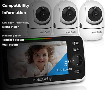 hellobaby best baby monitor - HelloBaby 5" Baby Monitor with 3 Cameras+ camera stands – No WiFi, 1000ft Range, Pan-Tilt-Zoom, 26-Hour Battery, Night Vision & 2-Way Audio  