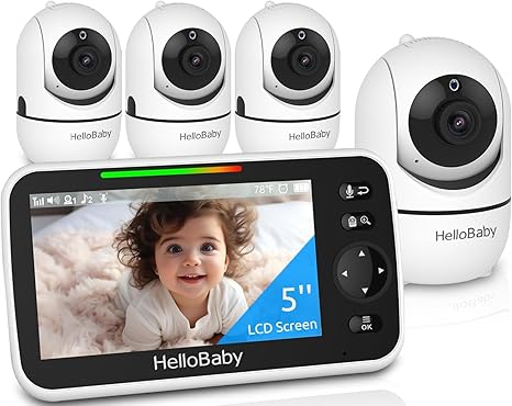 hellobaby best baby monitor - HelloBaby 5" Baby Monitor with 4 Cameras – No WiFi, 1000ft Range, Pan-Tilt-Zoom, 26-Hour Battery, Night Vision & 2-Way Audio  