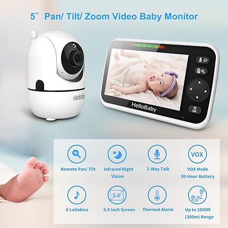 hellobaby best baby monitor - HelloBaby 5" Baby Monitor with 4 Cameras – No WiFi, 1000ft Range, Pan-Tilt-Zoom, 26-Hour Battery, Night Vision & 2-Way Audio（副本）  