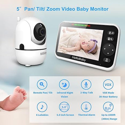 hellobaby best baby monitor - HelloBaby 5" Baby Monitor with 4 Cameras – No WiFi, 1000ft Range, Pan-Tilt-Zoom, 26-Hour Battery, Night Vision & 2-Way Audio（副本）  