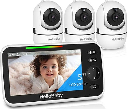 hellobaby best baby monitor - HelloBaby 5" Baby Monitor with 3 Cameras – No WiFi, 1000ft Range, Pan-Tilt-Zoom, 26-Hour Battery, Night Vision & 2-Way Audio  