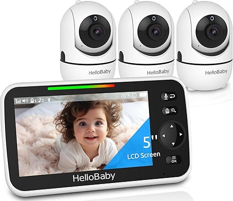 hellobaby best baby monitor - HelloBaby 5" Baby Monitor with 3 Cameras – No WiFi, 1000ft Range, Pan-Tilt-Zoom, 26-Hour Battery, Night Vision & 2-Way Audio  