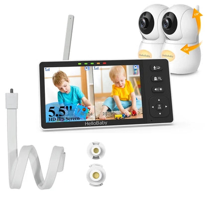 HelloBaby HB6081-2 Split Screen Baby Monitor with 2 Cameras+camera stands, 720P, No WiFi, Night Vision & 2-Way Audio