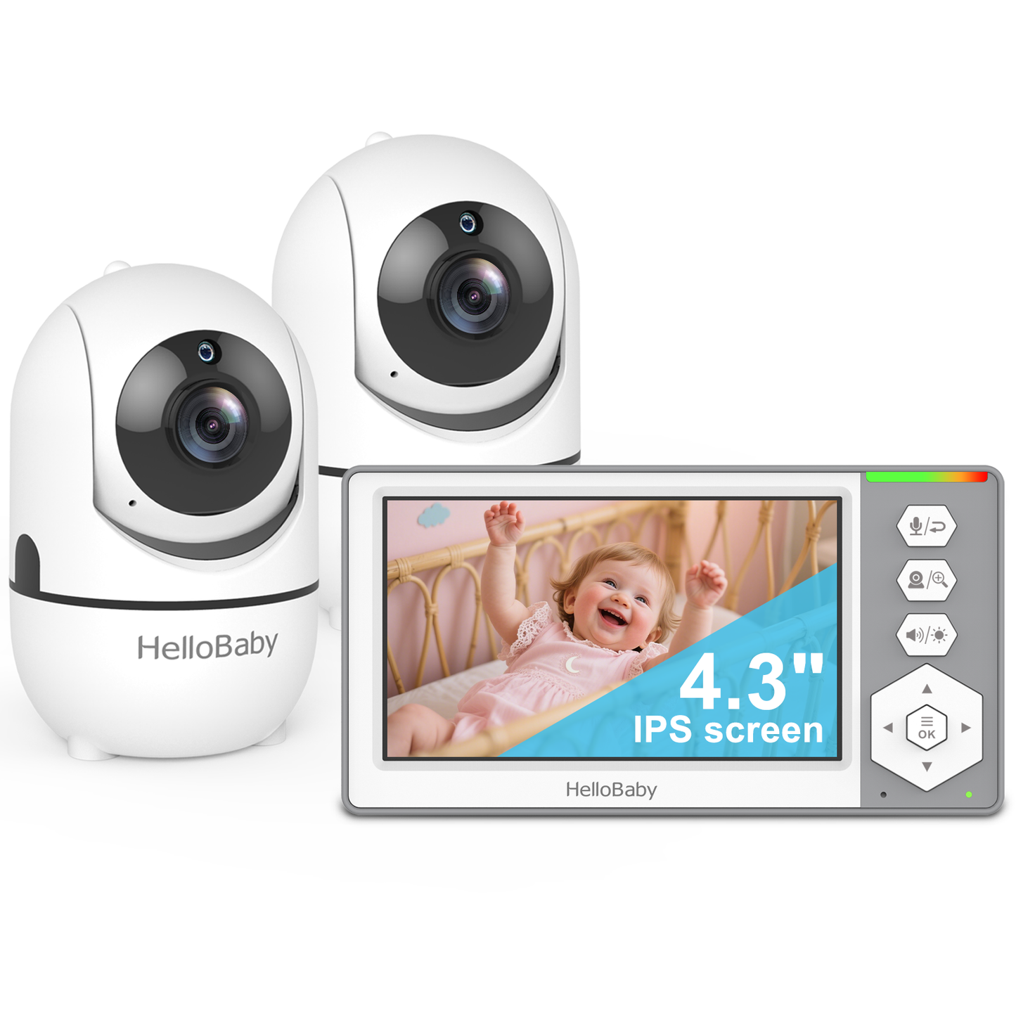 HELLOBABY 4.3" IPS Screen Pan-Tilt-Zoom Video Baby Monitor with 2 Cameras, HB6549-2