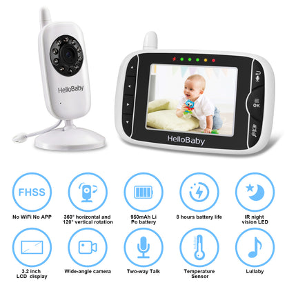 HelloBaby HB39 Video Baby Monitor,3.2” LCD Display, 2.4GHz Wireless, Two-Way Audio, 1000ft Range, 8-Hour Battery, No WiFi