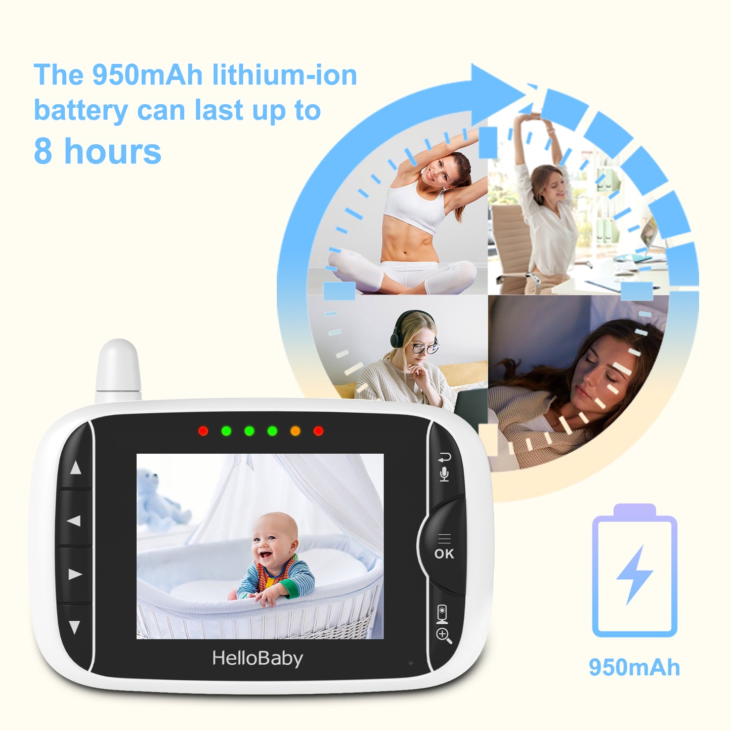 HelloBaby HB39 Video Baby Monitor,3.2” LCD Display, 2.4GHz Wireless, Two-Way Audio, 1000ft Range, 8-Hour Battery, No WiFi