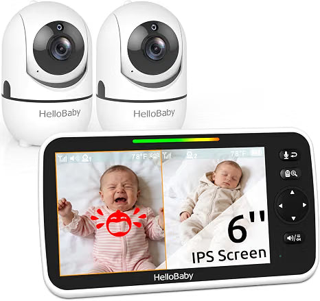 HelloBaby 6" Split Screen No WiFi Baby Monitor 2 Cameras & Audio, 30H ECO Private No-WiFi, 2-Room Monitoring, Night Vision, Easy Setup, 1000ft, PTZ, VOX, ECO, 2-Way Talk, Time, Parents & Caregivers