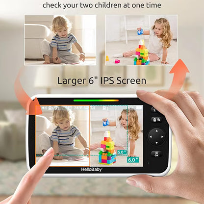 HelloBaby 6" Split Screen No WiFi Baby Monitor 2 Cameras & Audio, 30H ECO Private No-WiFi, 2-Room Monitoring, Night Vision, Easy Setup, 1000ft, PTZ, VOX, ECO, 2-Way Talk, Time, Parents & Caregivers