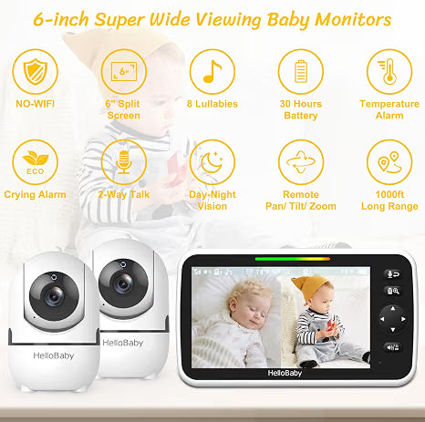 HelloBaby 6" Split Screen No WiFi Baby Monitor 2 Cameras & Audio, 30H ECO Private No-WiFi, 2-Room Monitoring, Night Vision, Easy Setup, 1000ft, PTZ, VOX, ECO, 2-Way Talk, Time, Parents & Caregivers