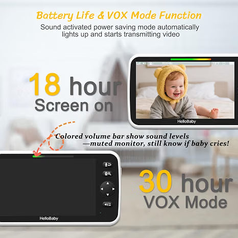 HelloBaby 6" Split Screen No WiFi Baby Monitor 2 Cameras & Audio, 30H ECO Private No-WiFi, 2-Room Monitoring, Night Vision, Easy Setup, 1000ft, PTZ, VOX, ECO, 2-Way Talk, Time, Parents & Caregivers