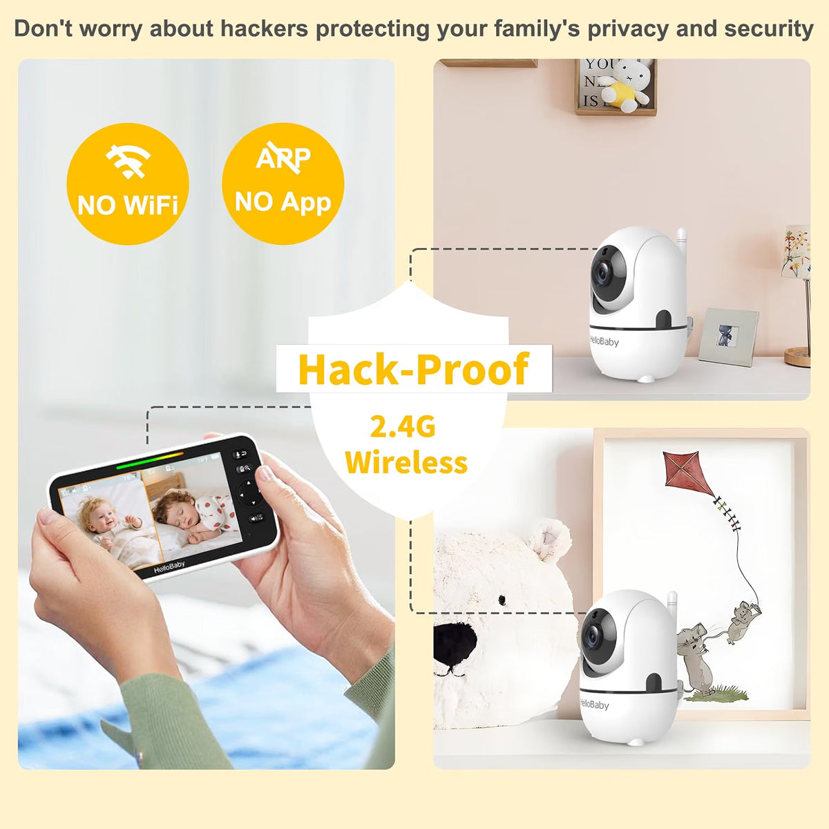 HelloBaby 6" Split Screen No WiFi Baby Monitor 2 Cameras & Audio, 30H ECO Private No-WiFi, 2-Room Monitoring, Night Vision, Easy Setup, 1000ft, PTZ, VOX, ECO, 2-Way Talk, Time, Parents & Caregivers