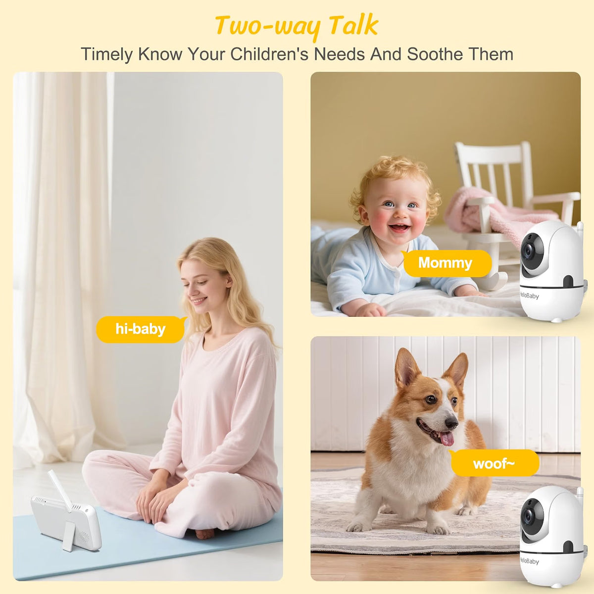 HelloBaby 6" Split Screen No WiFi Baby Monitor 2 Cameras & Audio, 30H ECO Private No-WiFi, 2-Room Monitoring, Night Vision, Easy Setup, 1000ft, PTZ, VOX, ECO, 2-Way Talk, Time, Parents & Caregivers