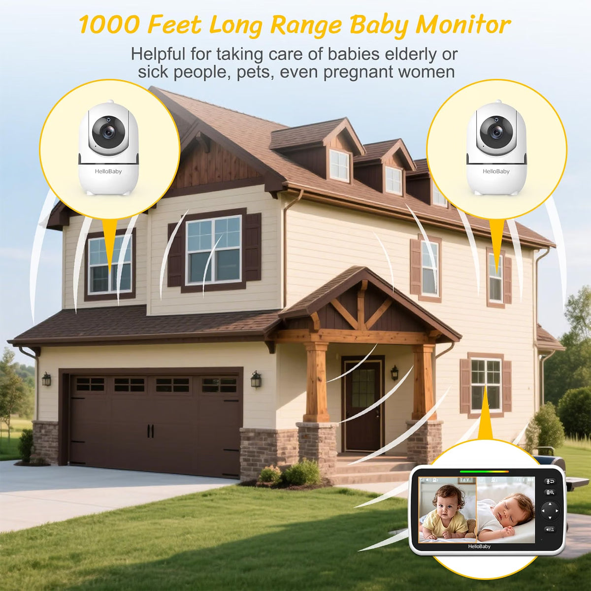 HelloBaby 6" Split Screen No WiFi Baby Monitor 2 Cameras & Audio, 30H ECO Private No-WiFi, 2-Room Monitoring, Night Vision, Easy Setup, 1000ft, PTZ, VOX, ECO, 2-Way Talk, Time, Parents & Caregivers