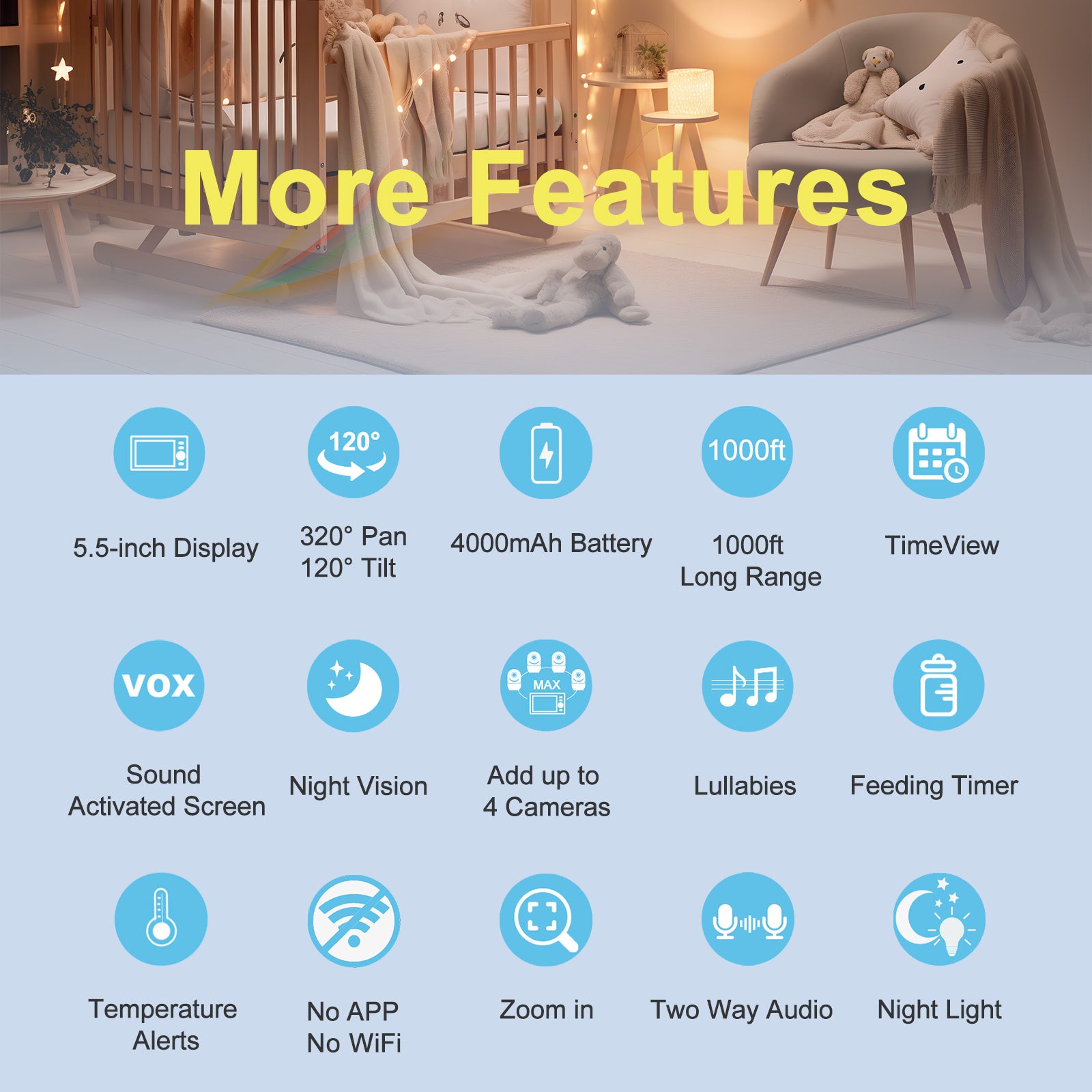 hellobaby best baby monitor - HelloBaby 720P 5.5'' HD Video Baby Monitor No WiFi, Remote Pan Tilt Zoom Baby Monitor with Camera and Audio Wide View Range, Night Light, Hack Proof, 4000mAh Battery, Time&Clock, 1080p Camera  
