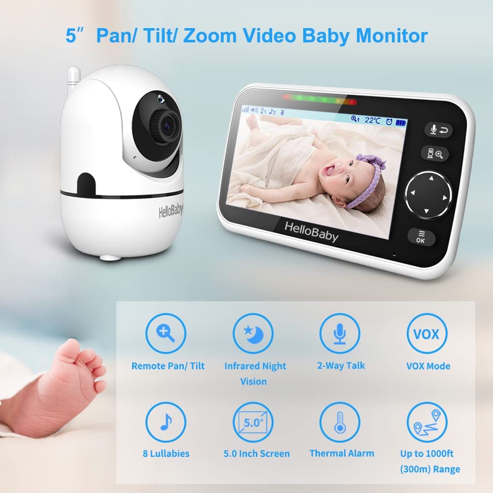 HelloBaby Baby Monitor -FK5662 5 inch HD LCD Video Baby Monitor with Camera  and Audio, Auto Noise Reduction, Camera Tilt Zoom, IR Night Vision,  Temperature Monitoring, Lullaby, 1000ft Range