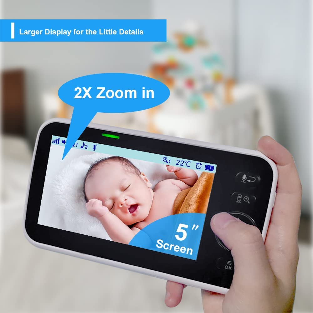 hellobaby best baby monitor - 5" Baby Camera Monitor, Hello Baby Monitor with Cameras and Audio, 2 Cameras Remote Pan/Tilt/Zoom, VOX Mode, Night Vision, 2-Way Talk, 8 Lullabies, Temperature and 1000ft Range  