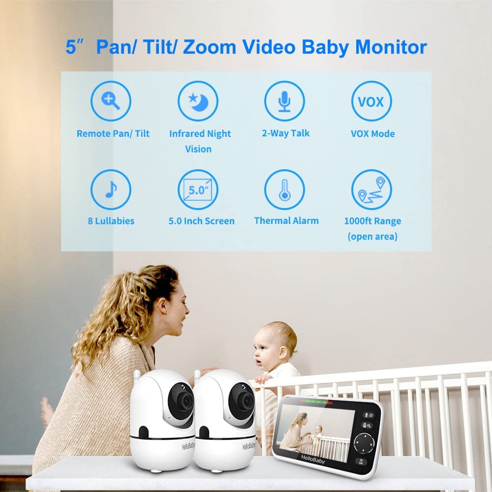 hellobaby best baby monitor - 5" Baby Camera Monitor, Hello Baby Monitor with Cameras and Audio, 2 Cameras Remote Pan/Tilt/Zoom, VOX Mode, Night Vision, 2-Way Talk, 8 Lullabies, Temperature and 1000ft Range  