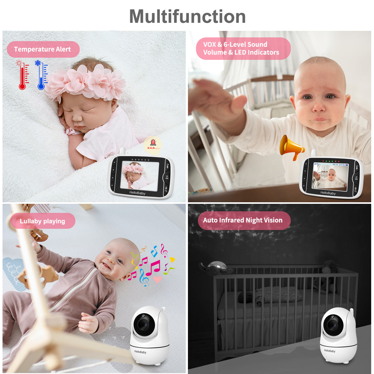 HelloBaby HB65 3.2” Color BABY MONITOR w/Pan-Tilt-Zoom & Nite Vision,  Lullabies+ 190835309789