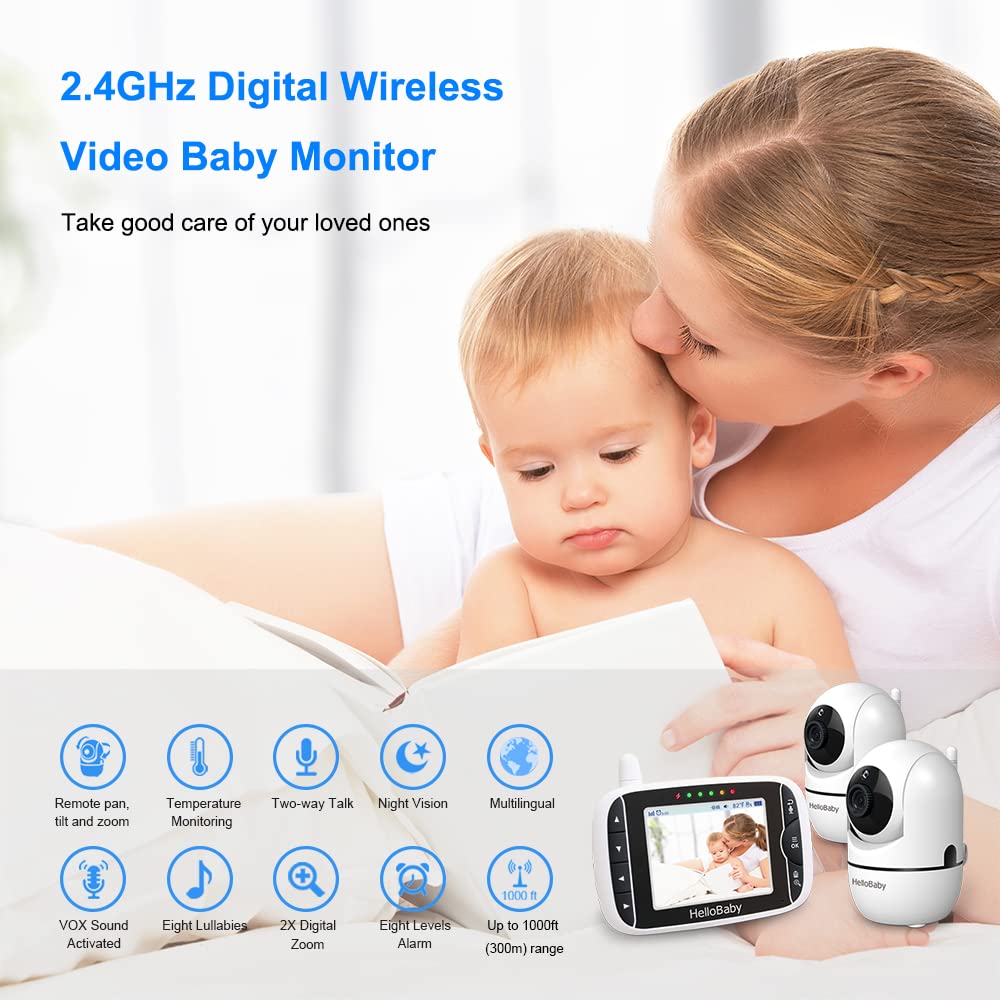 Babyphone Camera, HelloBaby HB65 Bébé Moniteur Vidéo,Écran de 3,2 pouces,  angles de vue à 360 degrés, caméra bébé à distance Pan-Tilt-Zoom, vision  nocturne, fonction interphone, capteur de température